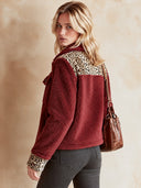 Women's Retro Casual Warm Jacket With Leopard Print Panels, Plush Stand Collar, And Single-Breasted Closure ZMZ1356J4ZJY