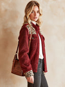 Women's Retro Casual Warm Jacket With Leopard Print Panels, Plush Stand Collar, And Single-Breasted Closure ZMZ1356J4ZJY