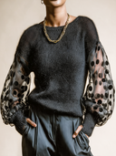 Women's Vintage-Style Casual Long-Sleeve Pullover Sweater: Mohair Knit With Cut-Out Polka-Dot Detailing ZMZ1355J4ZJY