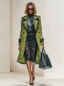Women's Olive Green Faux Suede Long Double-Breasted Trench Coat ZMZ1242J5XT