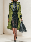 Women's Olive Green Faux Suede Long Double-Breasted Trench Coat ZMZ1242J5XT