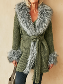 Women's Vintage Casual Cotton-Knit Cardigan With Faux Fur Collar And Tie-Front Detail ZMZ1363J9ZJY