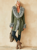 Women's Vintage Casual Cotton-Knit Cardigan With Faux Fur Collar And Tie-Front Detail ZMZ1363J9ZJY