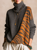 Women’s Vintage-style Casual Long-sleeve Turtleneck Sweater With Leopard-print Paneling ZMZ1300J6ZJY
