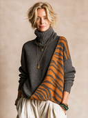 Women’s Vintage-style Casual Long-sleeve Turtleneck Sweater With Leopard-print Paneling ZMZ1300J6ZJY