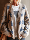Women’s Vintage-style Casual Cotton-knit Loose-fit Star-pattern Open-front Cardigan ZMZ1351J3ZJY