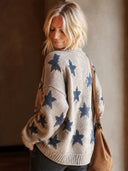 Women’s Vintage-style Casual Cotton-knit Loose-fit Star-pattern Open-front Cardigan ZMZ1351J3ZJY