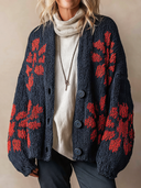 Women's Vintage-Style Loose-Fit Cotton-Knit Cardigan With Contrasting Floral Pattern And Single-Breasted Closure ZMZ1360J7ZJY