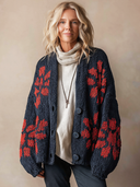 Women's Vintage-Style Loose-Fit Cotton-Knit Cardigan With Contrasting Floral Pattern And Single-Breasted Closure ZMZ1360J7ZJY