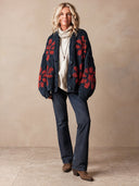 Women's Vintage-Style Loose-Fit Cotton-Knit Cardigan With Contrasting Floral Pattern And Single-Breasted Closure ZMZ1360J7ZJY