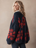 Women's Vintage-Style Loose-Fit Cotton-Knit Cardigan With Contrasting Floral Pattern And Single-Breasted Closure ZMZ1360J7ZJY