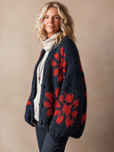 Women's Vintage-Style Loose-Fit Cotton-Knit Cardigan With Contrasting Floral Pattern And Single-Breasted Closure ZMZ1360J7ZJY