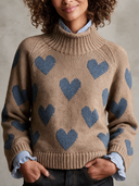 Women's Camel Heart Pattern Mock Neck Raglan Sleeve Pullover Sweater ZMZ1212J8XT