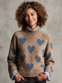 Women's Camel Heart Pattern Mock Neck Raglan Sleeve Pullover Sweater ZMZ1212J8XT