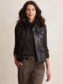 Women's Black Leather-Look Utility Vest With Stand Collar ZMZ1374J2YZH