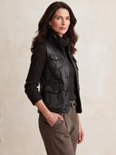 Women's Black Leather-Look Utility Vest With Stand Collar ZMZ1374J2YZH