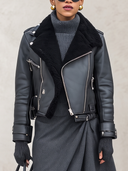 Women's Black Faux Leather Cropped Moto Jacket With Faux Shearling Collar, Asymmetric Zip & Belted Hem ZMZ1353J8YZH