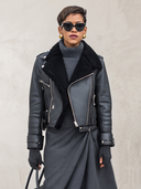 Women's Black Faux Leather Cropped Moto Jacket With Faux Shearling Collar, Asymmetric Zip & Belted Hem ZMZ1353J8YZH