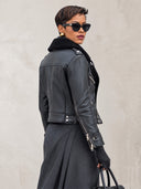 Women's Black Faux Leather Cropped Moto Jacket With Faux Shearling Collar, Asymmetric Zip & Belted Hem ZMZ1353J8YZH