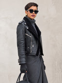 Women's Black Faux Leather Cropped Moto Jacket With Faux Shearling Collar, Asymmetric Zip & Belted Hem ZMZ1353J8YZH