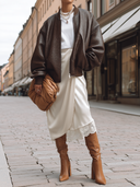 Women's Oversized Dark Brown Croc-Embossed Faux Leather Bomber Jacket With Ribbed Trim ZMZ1394J5YZH
