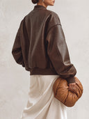Women's Oversized Dark Brown Croc-Embossed Faux Leather Bomber Jacket With Ribbed Trim ZMZ1394J5YZH