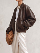 Women's Oversized Dark Brown Croc-Embossed Faux Leather Bomber Jacket With Ribbed Trim ZMZ1394J5YZH