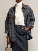 Women's Blue And Brown Color-Block Plaid Oversized Shirt Jacket ZMZ1338J9XT