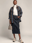 Women's Blue And Brown Color-Block Plaid Oversized Shirt Jacket ZMZ1338J9XT