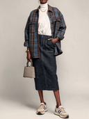 Women's Blue And Brown Color-Block Plaid Oversized Shirt Jacket ZMZ1338J9XT