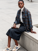 Women's Blue And Brown Color-Block Plaid Oversized Shirt Jacket ZMZ1338J9XT