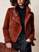 Women's Rust Brown Suede-Look Asymmetric Zip Moto Jacket With Teddy Collar And Buckle Details ZMZ1322J7YZH