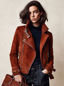 Women's Rust Brown Suede-Look Asymmetric Zip Moto Jacket With Teddy Collar And Buckle Details ZMZ1322J7YZH