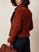 Women's Rust Brown Suede-Look Asymmetric Zip Moto Jacket With Teddy Collar And Buckle Details ZMZ1322J7YZH