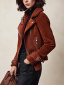 Women's Rust Brown Suede-Look Asymmetric Zip Moto Jacket With Teddy Collar And Buckle Details ZMZ1322J7YZH