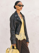 Women's Oversized Black Leather-Look Biker Jacket With Asymmetric Zip ZMZ1358J6YZH