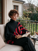 Women's Retro-Elegant Turtleneck Sweater Black Red Geometric Stripe Asymmetric Hem Knit Pullover ZMZ1300J7ZYY