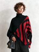 Women's Retro-Elegant Turtleneck Sweater Black Red Geometric Stripe Asymmetric Hem Knit Pullover ZMZ1300J7ZYY