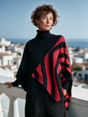 Women's Retro-Elegant Turtleneck Sweater Black Red Geometric Stripe Asymmetric Hem Knit Pullover ZMZ1300J7ZYY