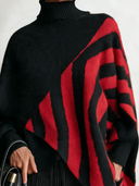 Women's Retro-Elegant Turtleneck Sweater Black Red Geometric Stripe Asymmetric Hem Knit Pullover ZMZ1300J7ZYY
