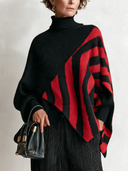 Women's Retro-Elegant Turtleneck Sweater Black Red Geometric Stripe Asymmetric Hem Knit Pullover ZMZ1300J7ZYY
