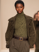 Women's Dark Olive Suede-Look Zip-Up Cropped Jacket With Spread Collar ZMZ1376J8YZH