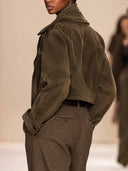 Women's Dark Olive Suede-Look Zip-Up Cropped Jacket With Spread Collar ZMZ1376J8YZH