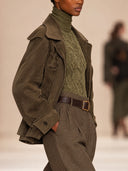 Women's Dark Olive Suede-Look Zip-Up Cropped Jacket With Spread Collar ZMZ1376J8YZH