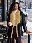 Women's Retro American-Style Black Leather Jacket With Mustard Faux Fur Shawl Collar And Buckle Cuffs ZMZ1339J4ZYY