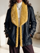 Women's Retro American-Style Black Leather Jacket With Mustard Faux Fur Shawl Collar And Buckle Cuffs ZMZ1339J4ZYY