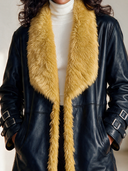 Women's Retro American-Style Black Leather Jacket With Mustard Faux Fur Shawl Collar And Buckle Cuffs ZMZ1339J4ZYY