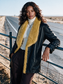 Women's Retro American-Style Black Leather Jacket With Mustard Faux Fur Shawl Collar And Buckle Cuffs ZMZ1339J4ZYY