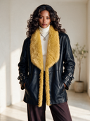 Women's Retro American-Style Black Leather Jacket With Mustard Faux Fur Shawl Collar And Buckle Cuffs ZMZ1339J4ZYY