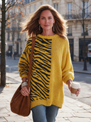 Women's American Retro Casual Style Yellow Zebra Crew Neck Pullover Sweater With Contrast Jacquard Panel ZMZ1325J8ZYY
